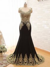 Superior Scoop Sleeveless Elastic Woven Satin Dress for Prom Beading and Appliques Brush Train Side Zipper