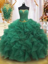  Dark Green Organza Lace Up Quinceanera Gown Sleeveless Floor Length Beading and Ruffles