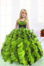  Yellow Green Lace Up Straps Beading and Ruffles Little Girls Pageant Gowns Organza Sleeveless