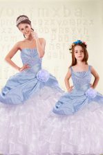 Shining Sleeveless Organza and Taffeta Floor Length Lace Up Sweet 16 Quinceanera Dress in Light Blue with Beading and Ruffled Layers and Hand Made Flower