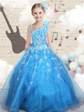 Customized Sleeveless Tulle Floor Length Lace Up Kids Pageant Dress in Baby Blue with Appliques