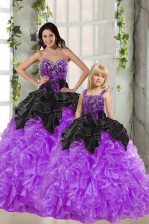  Sleeveless Organza Floor Length Lace Up 15th Birthday Dress in Black And Purple with Beading and Ruffles