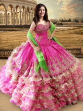  Beading and Embroidery and Ruffled Layers Quince Ball Gowns Hot Pink Lace Up Sleeveless Floor Length