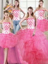  Four Piece Tulle Strapless Sleeveless Lace Up Beading and Appliques and Ruffles 15 Quinceanera Dress in Hot Pink