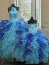  Strapless Sleeveless Sweet 16 Dress Floor Length Beading and Ruffles Blue Organza