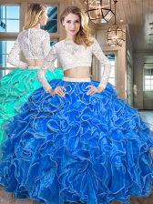 High Class Royal Blue Zipper Scoop Beading and Lace and Ruffles Quinceanera Dress Organza Long Sleeves