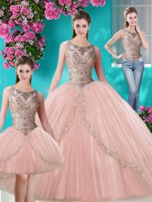  Three Piece Peach Scoop Lace Up Beading and Appliques Quinceanera Gown Sleeveless