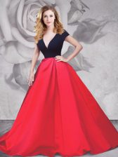 New Style Satin and Tulle Short Sleeves With Train Dress for Prom Brush Train and Ruching