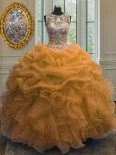 Glorious Orange Vestidos de Quinceanera Military Ball and Sweet 16 and Quinceanera with Beading and Ruffles and Pick Ups Scoop Sleeveless Lace Up