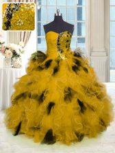Graceful Gold Quince Ball Gowns Military Ball and Sweet 16 and Quinceanera with Beading and Ruffles Strapless Sleeveless Lace Up