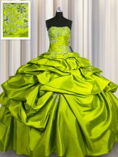 Gorgeous Pick Ups Ball Gowns Quinceanera Gown Olive Green Strapless Taffeta Sleeveless Floor Length Lace Up