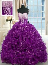 Superior Sweetheart Sleeveless Brush Train Lace Up 15 Quinceanera Dress Purple Organza