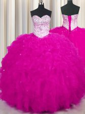 Beautiful Fuchsia Tulle Lace Up Sweetheart Sleeveless Floor Length 15th Birthday Dress Beading and Ruffles