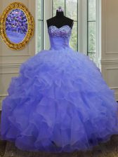 Best Purple Ball Gowns Organza Sweetheart Sleeveless Beading and Ruffles Floor Length Lace Up Vestidos de Quinceanera