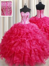 Charming Hot Pink Organza Lace Up Sweetheart Sleeveless Floor Length Quinceanera Gowns Beading and Ruffles