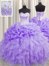  Visible Boning Organza Sweetheart Sleeveless Lace Up Beading and Ruffles and Pick Ups Ball Gown Prom Dress in Lavender