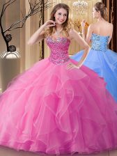 Vintage Rose Pink Ball Gowns Beading Vestidos de Quinceanera Lace Up Tulle Sleeveless Floor Length