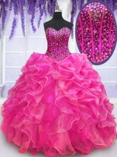 Hot Pink Sweetheart Lace Up Beading and Ruffles Quince Ball Gowns Sleeveless