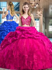 Cheap Fuchsia Two Pieces V-neck Sleeveless Taffeta and Tulle Brush Train Zipper Lace and Ruffles and Pick Ups Quince Ball Gowns
