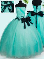 Latest Sweetheart Sleeveless Quince Ball Gowns Floor Length Beading and Bowknot Turquoise Tulle
