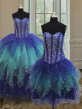 Glorious Three Piece Sleeveless Tulle Floor Length Lace Up Quinceanera Dresses in Multi-color with Beading and Ruffles