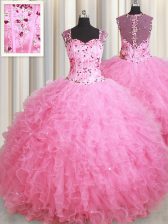  Rose Pink Ball Gowns Straps Sleeveless Tulle Floor Length Zipper Beading and Ruffles Sweet 16 Quinceanera Dress