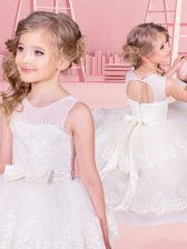 Hot Selling White Tulle Lace Up Scoop Sleeveless Floor Length Flower Girl Dress Lace and Ruffled Layers and Bowknot