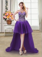 Pretty Purple Sleeveless Beading and Sequins High Low Homecoming Dress