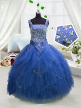 Affordable Tulle Straps Sleeveless Lace Up Beading and Ruffles Little Girls Pageant Gowns in Royal Blue