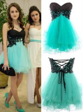 Beautiful Turquoise A-line Sweetheart Sleeveless Tulle Mini Length Zipper Appliques Dress for Prom