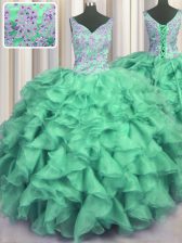  V Neck Turquoise Sleeveless Floor Length Beading and Ruffles Lace Up Quinceanera Gowns
