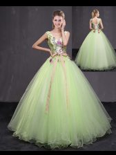 Great Ball Gowns Sweet 16 Quinceanera Dress Yellow Green V-neck Tulle Sleeveless Floor Length Lace Up