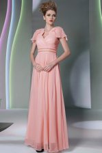  Pink Cap Sleeves Floor Length Beading and Ruching Side Zipper Homecoming Dress