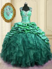 Perfect Organza and Taffeta Sweetheart Cap Sleeves Brush Train Lace Up Beading and Ruffles and Pick Ups Sweet 16 Dress in Turquoise