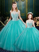 Enchanting Turquoise Zipper High-neck Lace Quinceanera Gowns Tulle Sleeveless