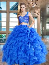  Blue Organza Zipper V-neck Sleeveless Floor Length Sweet 16 Dress Lace and Ruffles