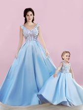 Fancy Baby Blue Sleeveless Floor Length Appliques Lace Up Dress for Prom