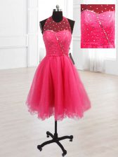 Simple Sequins Evening Dress Hot Pink Lace Up Sleeveless Knee Length
