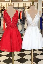 Unique Lace V-neck Sleeveless Zipper Lace Prom Dress in Red