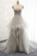 Custom Fit Grey Lace Up Prom Gown Beading Sleeveless Court Train