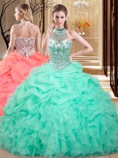 Custom Made Apple Green Ball Gowns Organza Halter Top Sleeveless Beading and Ruffles and Pick Ups Floor Length Lace Up Vestidos de Quinceanera