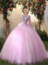 Affordable Scoop Long Sleeves Lace Up Quince Ball Gowns Lilac Tulle