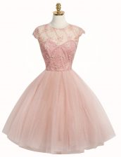  Pink A-line Scoop Cap Sleeves Tulle Knee Length Zipper Appliques Prom Dress