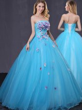  Baby Blue Sleeveless Floor Length Appliques Lace Up Quinceanera Gown