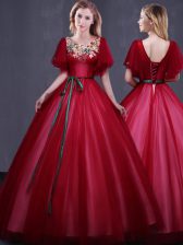  Floor Length Wine Red 15 Quinceanera Dress Scoop Short Sleeves Lace Up