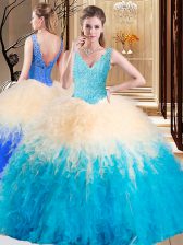  Floor Length Zipper 15 Quinceanera Dress Multi-color for Military Ball and Sweet 16 and Quinceanera with Appliques and Ruffles