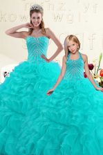  Aqua Blue Ball Gowns Organza Sweetheart Sleeveless Beading and Ruffles Floor Length Lace Up Ball Gown Prom Dress