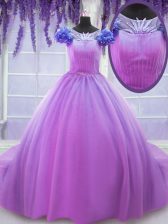 Fabulous Floor Length Lilac Quinceanera Dress Scoop Short Sleeves Lace Up