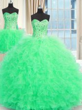 Best Selling Three Piece Apple Green Tulle Lace Up Strapless Sleeveless Floor Length Quinceanera Gown Beading and Ruffles