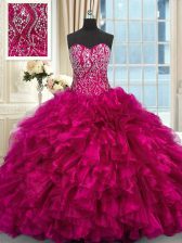 Stylish Fuchsia Sleeveless Organza Brush Train Lace Up Quinceanera Gowns for Military Ball and Sweet 16 and Quinceanera